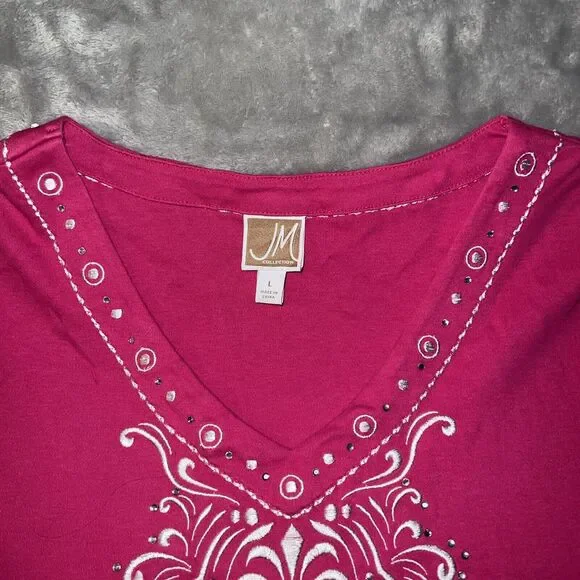 JM Collection Women’s L Beaded Embroidered V Neck Cotton Tunic Top Pink - Picture 3 of 13